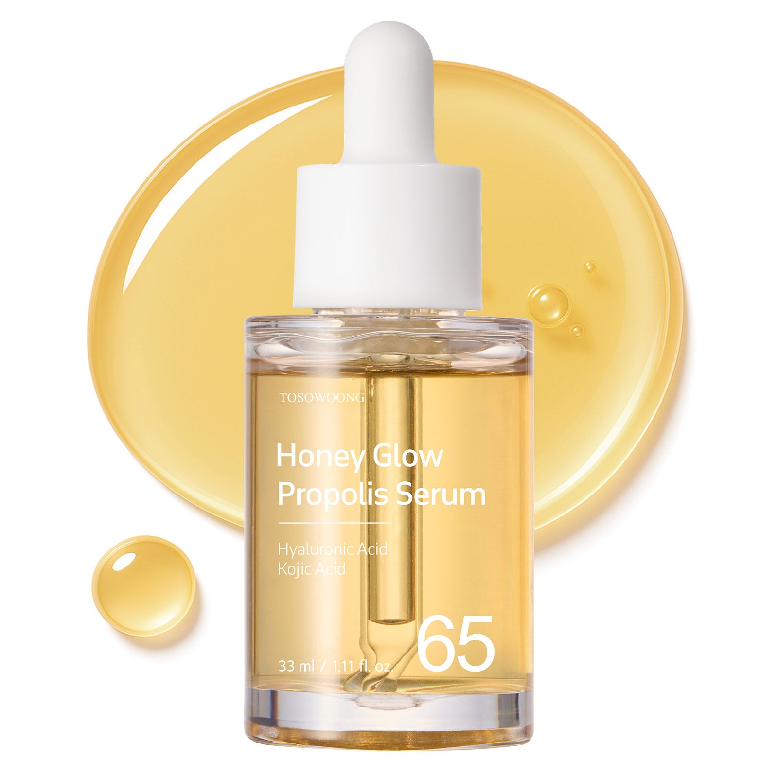 TOSOWOONG Honey Glow 65% Propolis Serum, Hyaluronic Acid, Kojic Acid, Niacinamide, Hydrating Facial Soothing Moisturizer for Irritated Uneven Skin Tone, Glass Skin, Korean Skin Care, 33ml, 1.11 fl.oz.